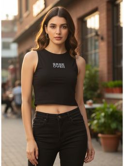 RIGO - Women Typography Print Sleeveless Crop Top Black