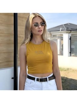RIGO - Women Typography Print Sleeveless Crop Top Mustard