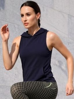 RIGO - Women Navy Blue Solid Sleeveless Hooded Top