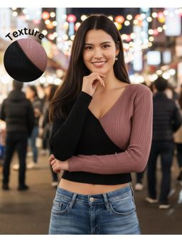 RIGO - Women Colorblock Full Sleeves Crop Top Mauve