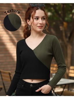 RIGO - Women Colorblock Full Sleeves Crop Top Olive