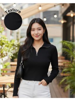 RIGO - Women Black Zipper Mock Neck Crop Top