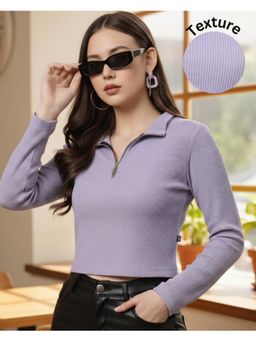 RIGO - Women Purple Zipper Mock Neck Crop Top