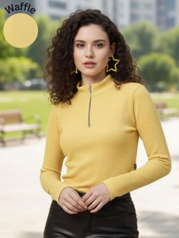RIGO - Women Yellow Zipper Mock Neck Crop Top