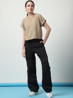 RIGO - Women Polyester Beige Round Neck Crop Top