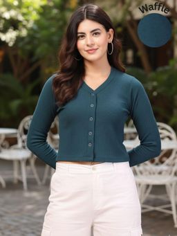 RIGO - Women Teal Green Full Sleeves Crop Top