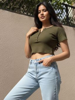 RIGO - Women Olive Short Sleeves Crop Top