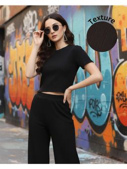 RIGO - Women Black Solid Cotton Knitted Regular Fit Co-Ord