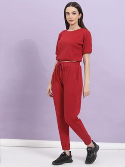RIGO - Women Maroon Textured Waffle Regular Fit Round Neck Co-Ord