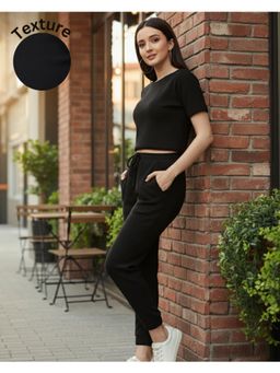 RIGO - Women Black Textured Waffle Regular Fit Round Neck Co-Ord