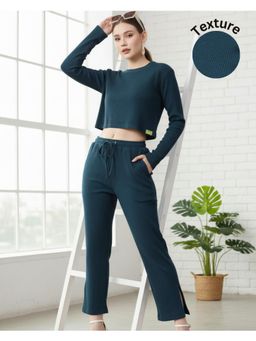 RIGO - Women Teal Textured Waffle Round Neck Co-Ord