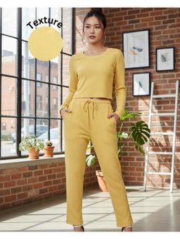RIGO - Women Yellow Textured Waffle Round Neck Co-Ord
