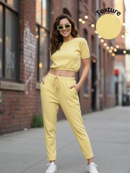 RIGO - Women Yellow Textured Waffle Regular Fit Round Neck Co-Ord