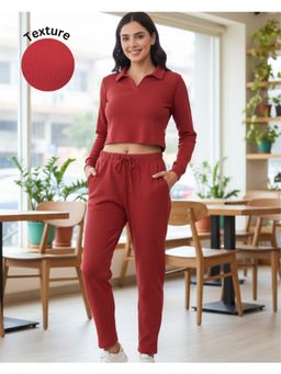 RIGO - Women Maroon Solid Waffle Full Sleeves Regular Fit Co-Ord