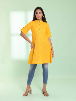 CHARUKRITI - Yellow Solid Cotton A-Line Short Stitched Kurta