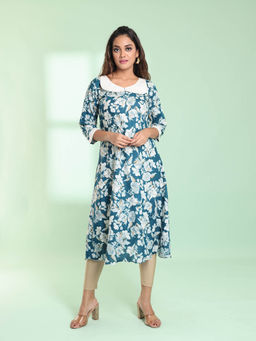 CHARUKRITI - Teal Rayon Floral Printed A-Line Stitched Kurta