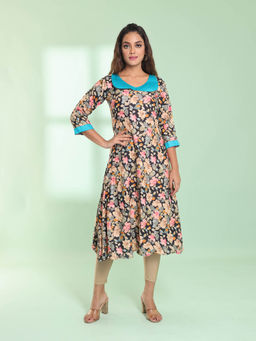 CHARUKRITI - Navy Blue Rayon Floral Printed A-Line Stitched Kurta