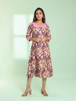 CHARUKRITI - Purple Rayon Floral Printed A-Line Stitched Kurta