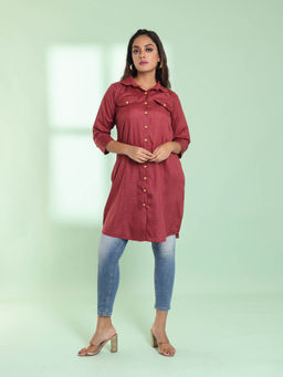 CHARUKRITI - Dark Red Checkbox Printed Cotton Stitched Shirt Kurta