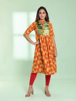 CHARUKRITI - Orange Printed Gathered Rayon Stitched Kurta with Patchwork