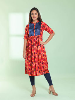 CHARUKRITI - Red Printed Gathered Rayon Stitched Kurta with Patchwork