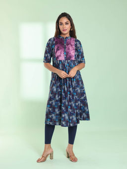 CHARUKRITI - Blue Printed Gathered Rayon Stitched Kurta with Patchwork