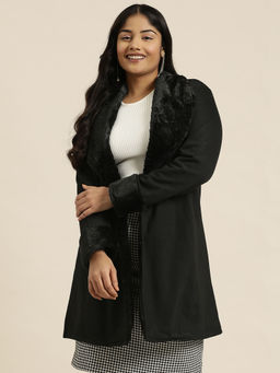 Qurvii - Black Fleece Coat with Rabbit Fur Collar and Sleeves Hems