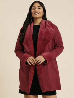 Qurvii - Maroon Fleece Coat with Rabbit Fur Collar and Sleeves Hems