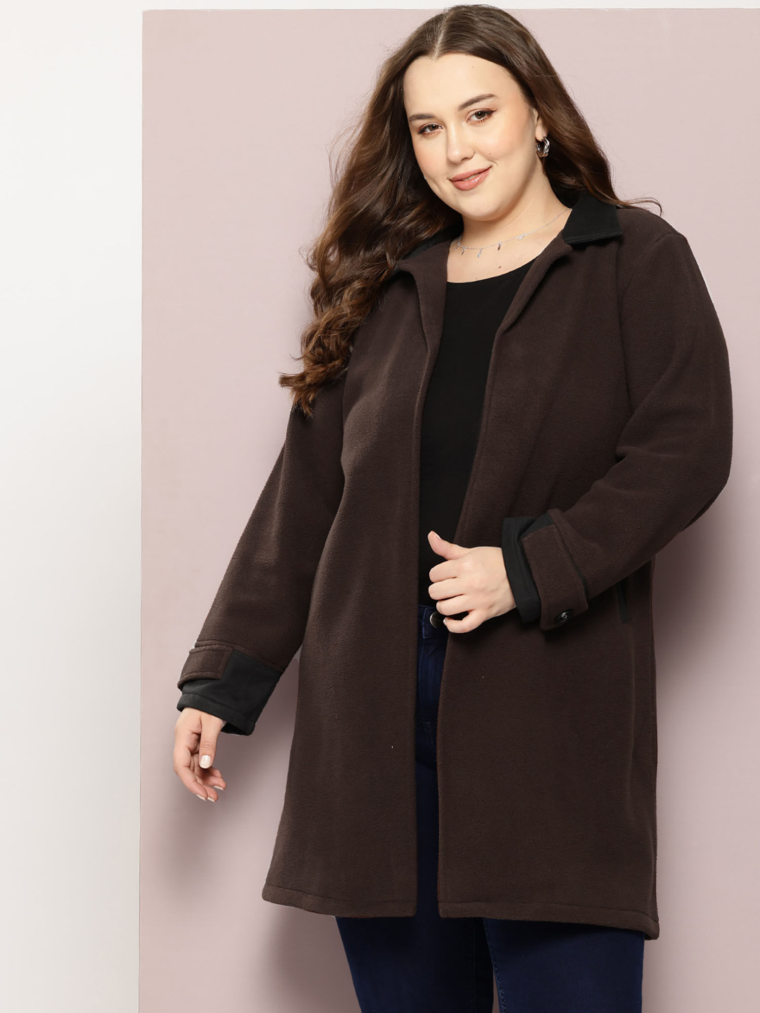 qurvii Coffee Brown Long Coat with Side Pockets-picture-39