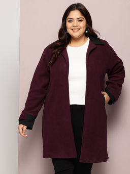 Qurvii - Solid Wine Long Coat with Side Pockets