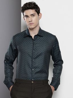 The Indian Garage Co - Men Slim Fit Checked Full Sleeves Cutaway Green Formal Shirt
