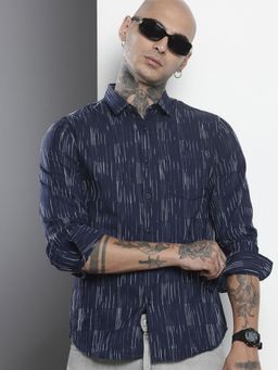 The Indian Garage Co - Men Slim Fit Striped Full Sleeves Cutaway Navy Blue Casual Shirt