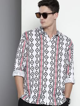 The Indian Garage Co - Men Relaxed Fit Printed Full Sleeves Cutaway White Casual Shirt