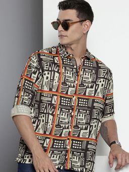 The Indian Garage Co - Men Relaxed Fit Printed Full Sleeves Cutaway Beige Casual Shirt