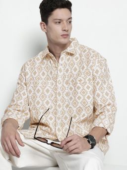 The Indian Garage Co - Men Relaxed Fit Printed Full Sleeves Cutaway Beige Casual Shirt