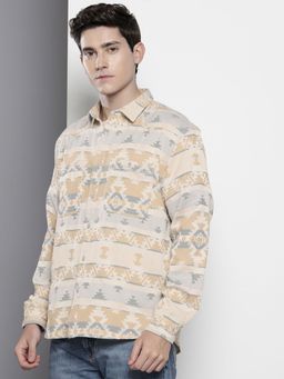 The Indian Garage Co - Men Relaxed Fit Printed Full Sleeves Cutaway Beige Casual Shirt
