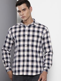 The Indian Garage Co - Men Relaxed Fit Checked Full Sleeves Cutaway Navy Blue Casual Shirt