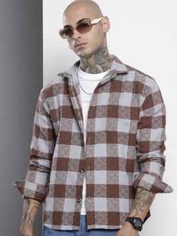 The Indian Garage Co - Men Relaxed Fit Checked Full Sleeves Cutaway Brown Casual Shirt