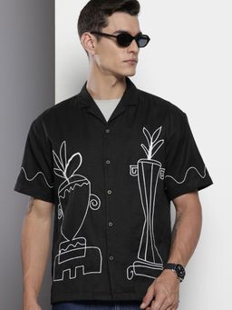 The Indian Garage Co - Men Relaxed Fit Embroidered Half Sleeves Cuban Black Casual Shirt