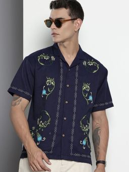 The Indian Garage Co - Men Relaxed Fit Embroidered Half Sleeves Cuban Blue Casual Shirt