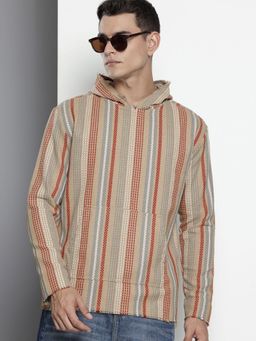 The Indian Garage Co - Men Relaxed Fit Vertical Striped Full Sleeves Beige Hoodie