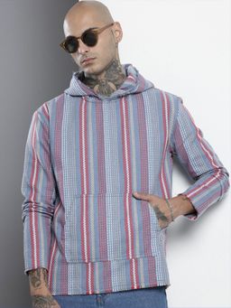 The Indian Garage Co - Men Relaxed Fit Vertical Striped Full Sleeves Blue Hoodie