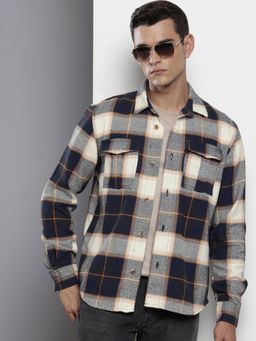 The Indian Garage Co - Men Regular Fit Checked Full Sleeves Cutaway Navy Blue Casual Shirt