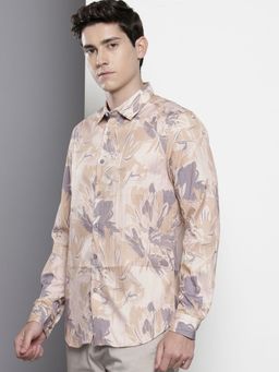 The Indian Garage Co - Men Slim Fit Printed Full Sleeves Cutaway Beige Party Shirt