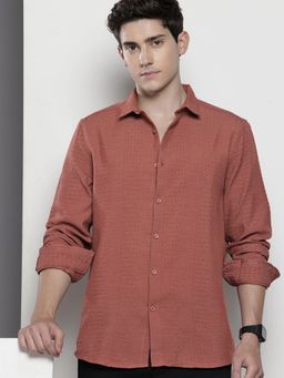 The Indian Garage Co - Men Regular Fit Textured Full Sleeves Cutaway Rust Casual Shirt