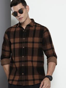 The Indian Garage Co - Men Regular Fit Checked Full Sleeves Cutaway Brown Casual Shirt