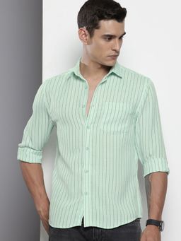 The Indian Garage Co - Men Slim Fit Striped Full Sleeves Cutaway Green Casual Shirt