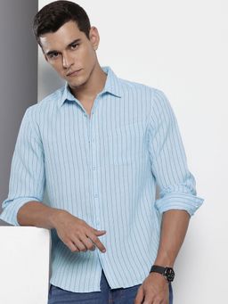 The Indian Garage Co - Men Slim Fit Striped Full Sleeves Cutaway Blue Casual Shirt