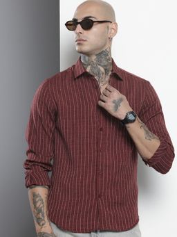 The Indian Garage Co - Men Slim Fit Striped Full Sleeves Cutaway Maroon Casual Shirt