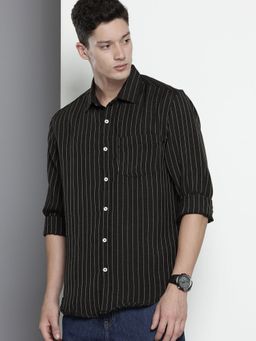 The Indian Garage Co - Men Slim Fit Striped Full Sleeves Cutaway Black Casual Shirt